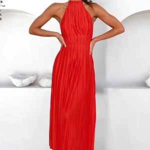 Tied Up Halter Neck Pleated Slim Backless High Slit Maxi Dresses Tied Up Halter